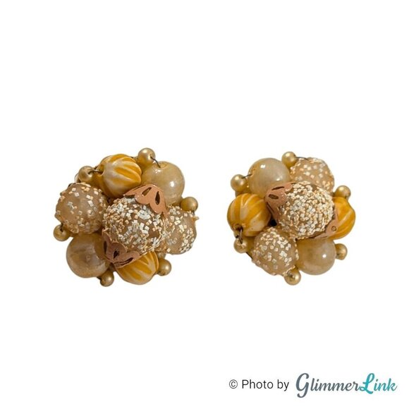 VTG 50s Hong Kong Beige & Orange Sugar Coat Bead Gold Tone Jewelry Set - Picture 8 of 13